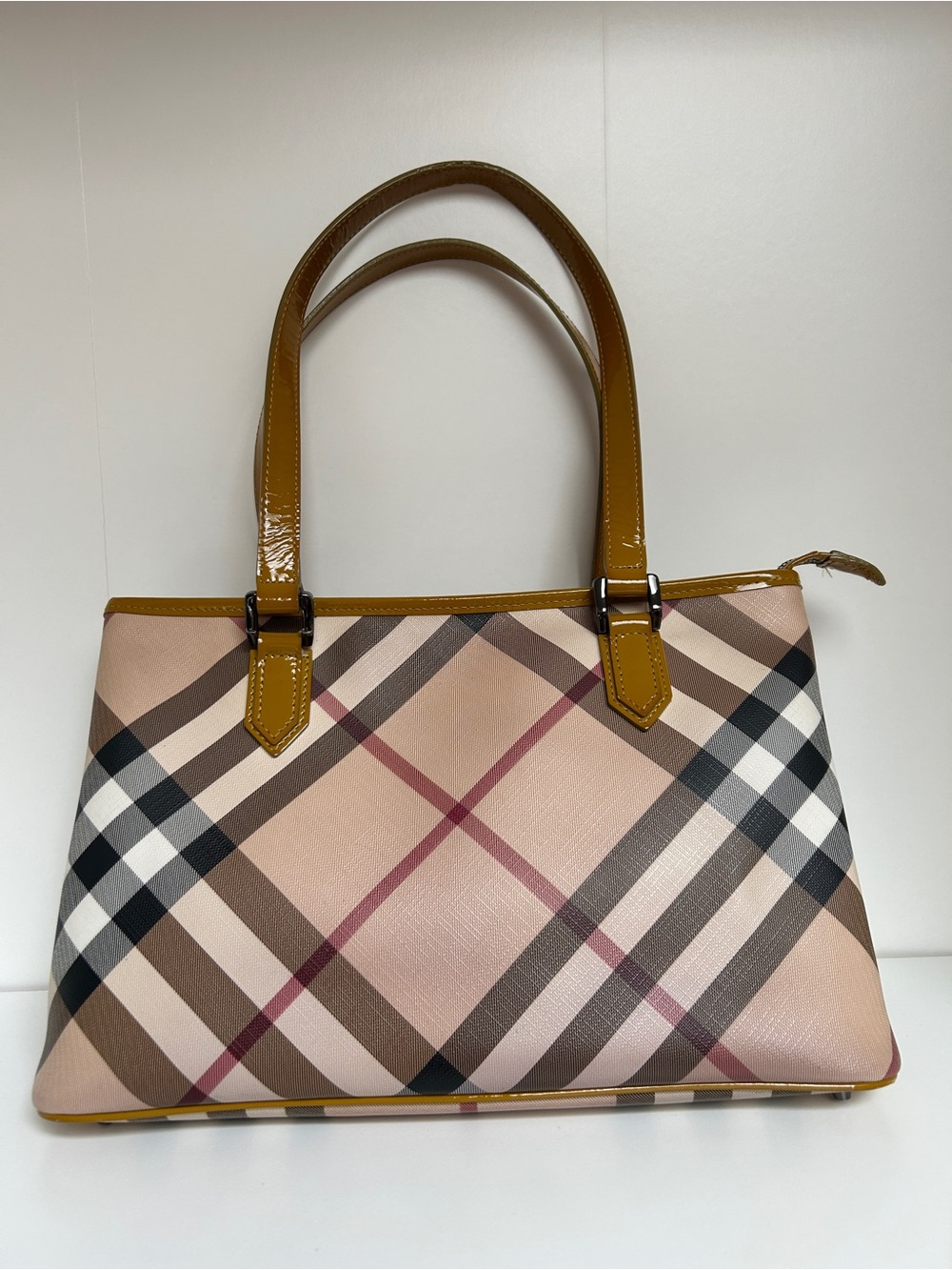 Burberry Nova Check Plaid Tote with Tan Patent Handles